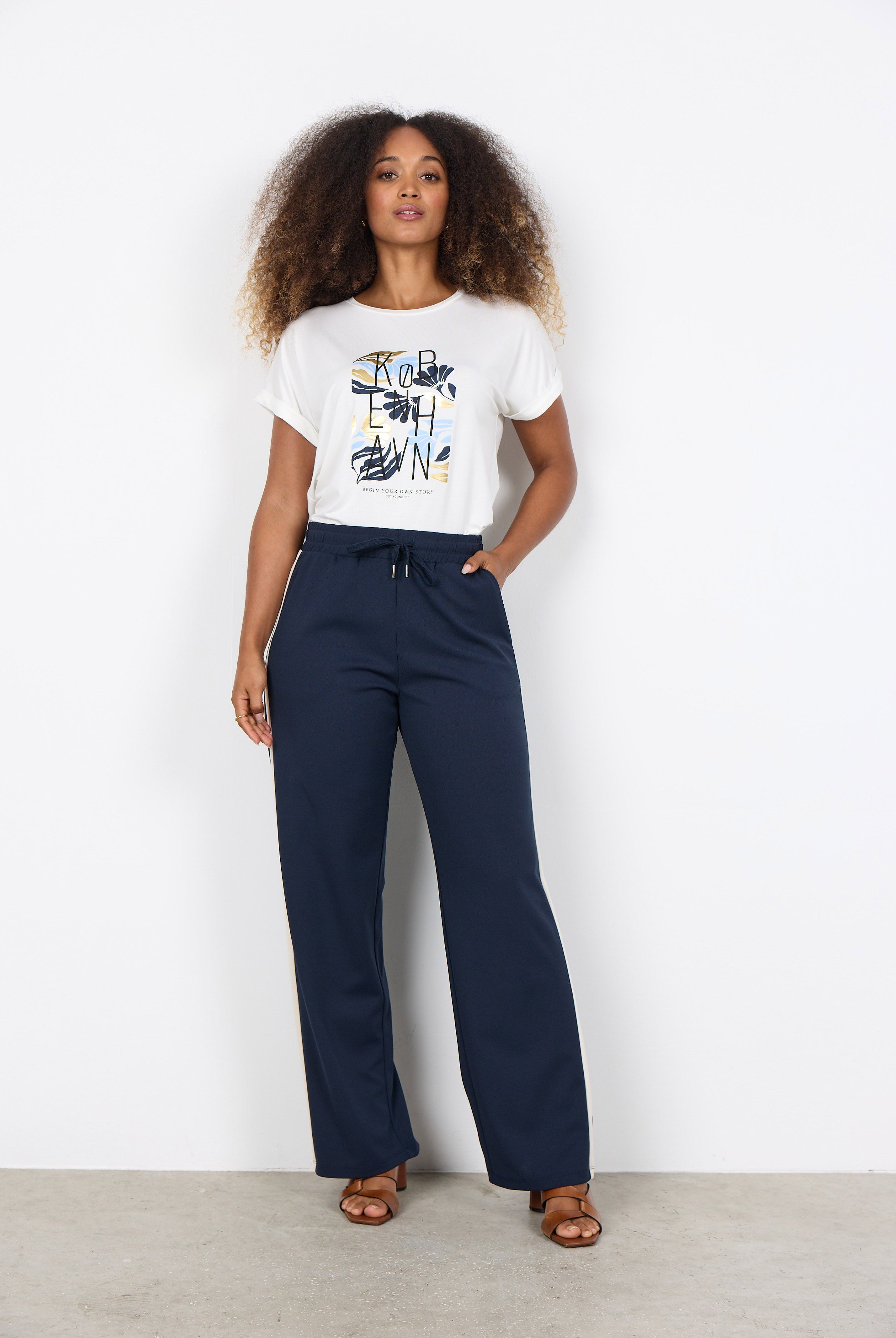 Soya Concept Siham Contrast Elasticated Waist Straight Leg - Navy Combi