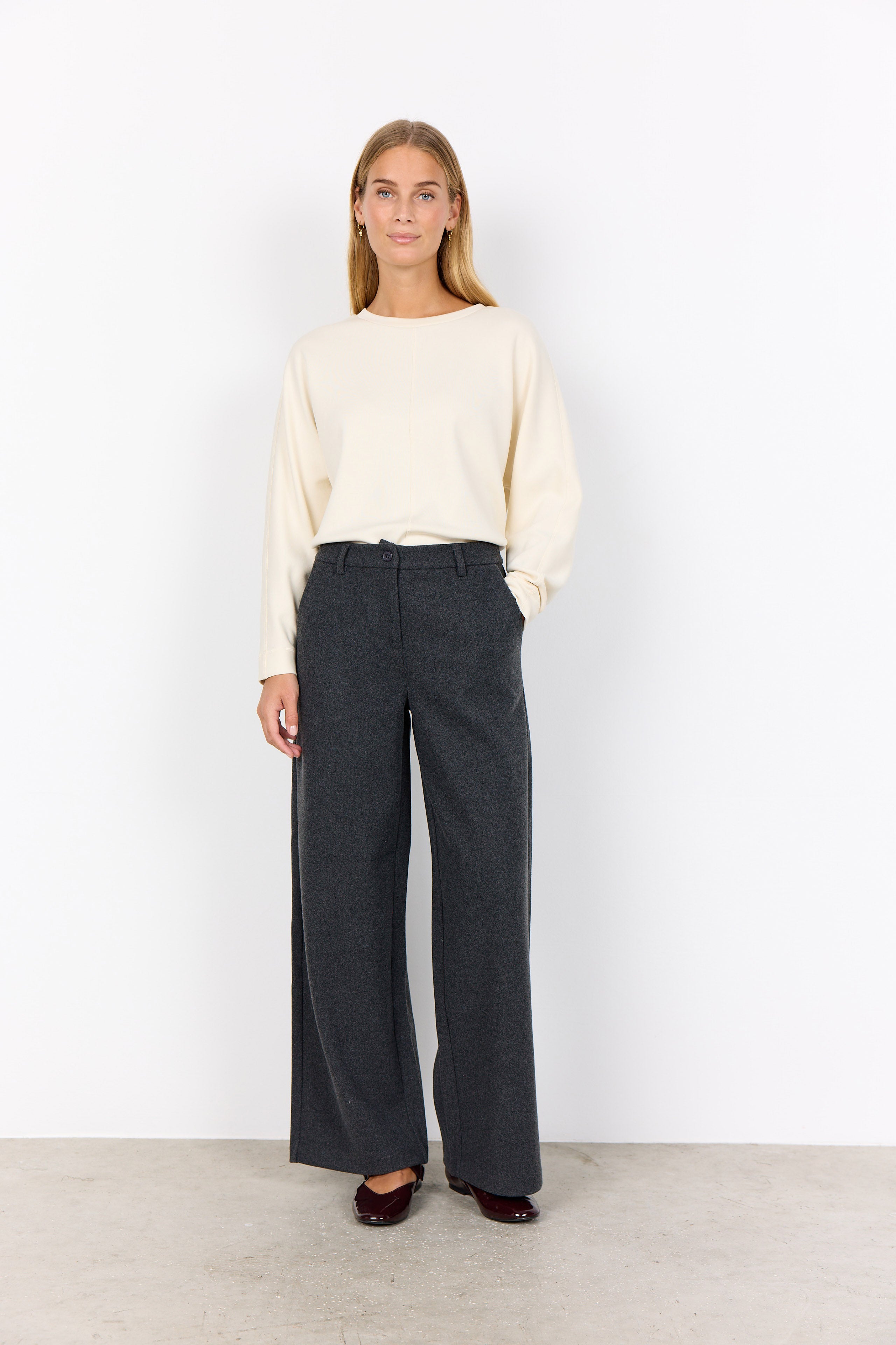 Soya Concept Vagna Wool Blend Wide Leg Trousers - Dark Earth Melange