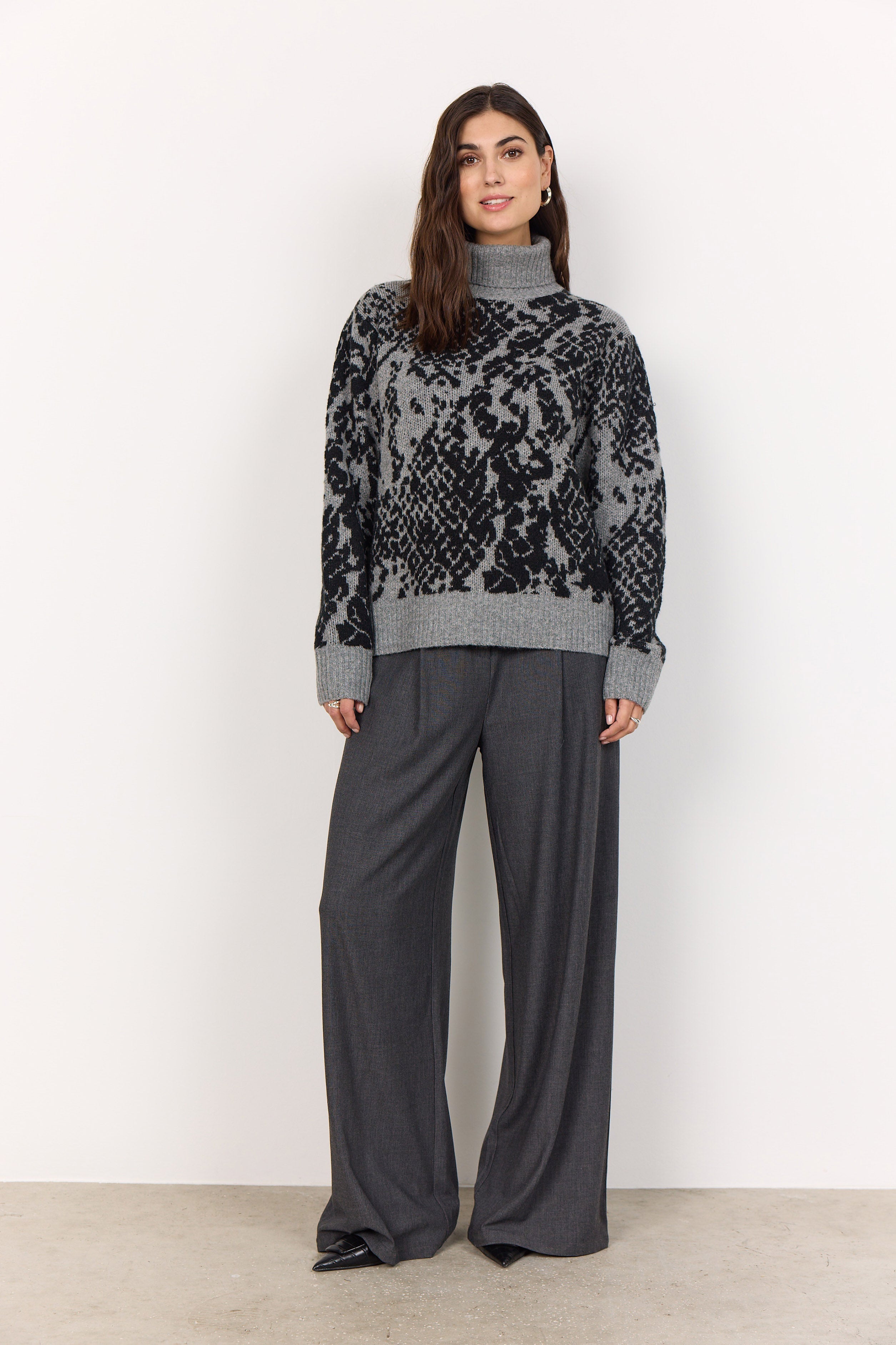 Soya Concept Vendi Patterned Polo Neck Jumper - Mid Grey Melange Combi