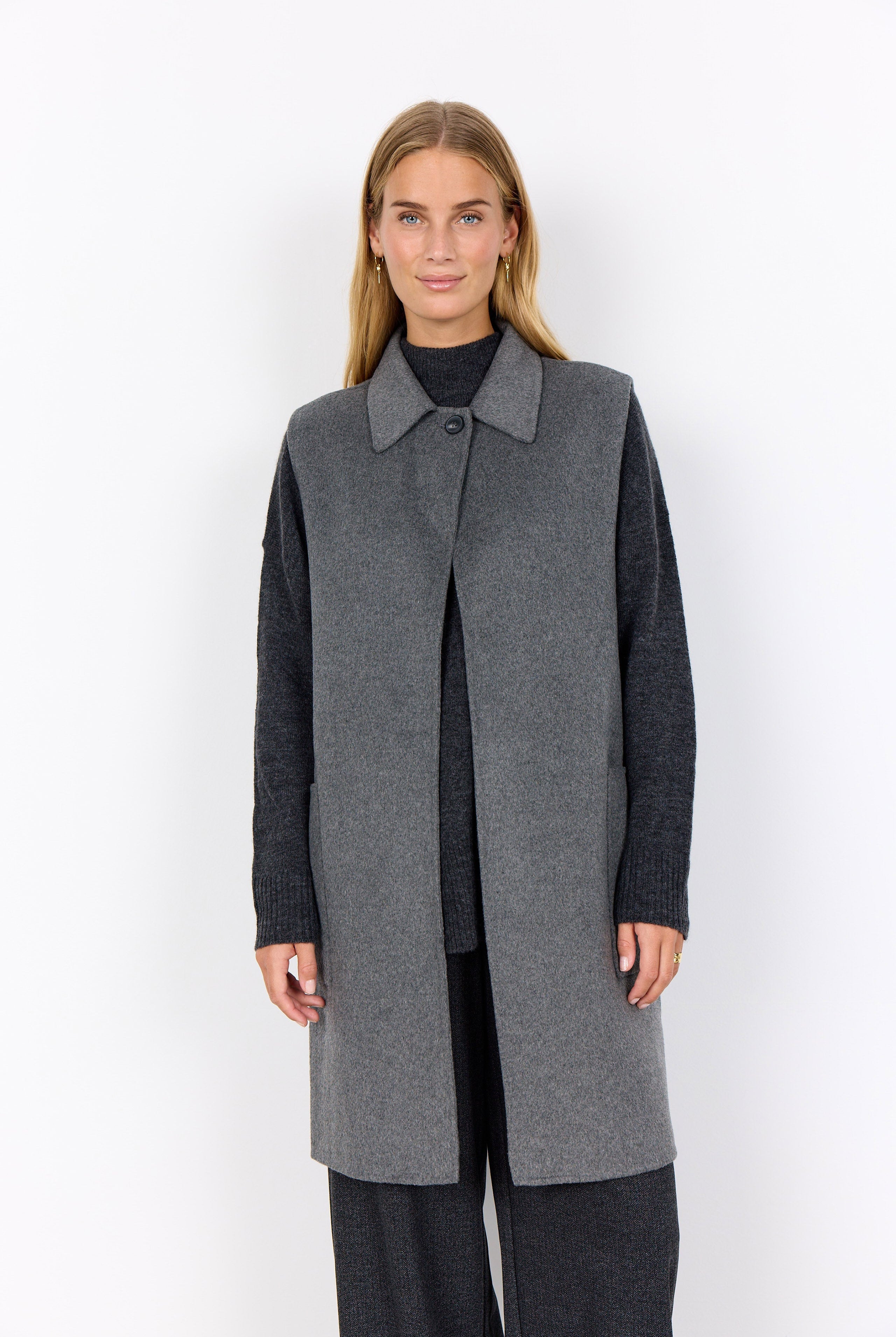 Soya Concept Vienna Longline Wool Blend Waistcoat - Dark Earth Melange