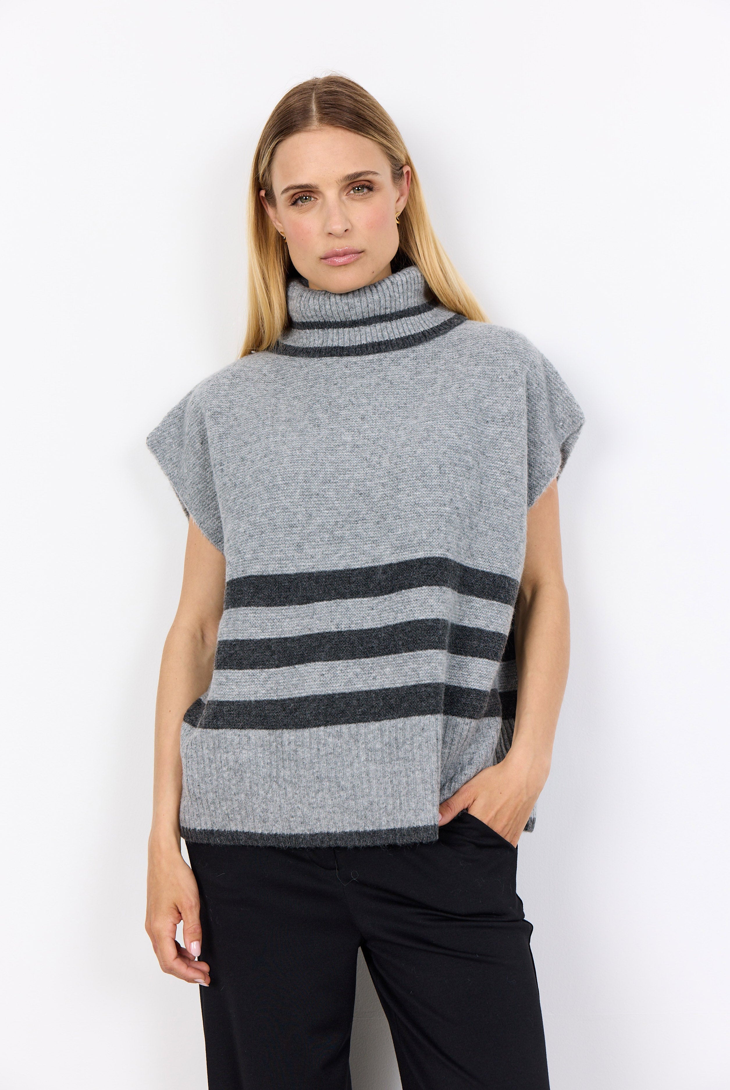 Soya Concept Vif Drop Shoulder Contrast Stripe Jumper - Mid Grey Melange Combi