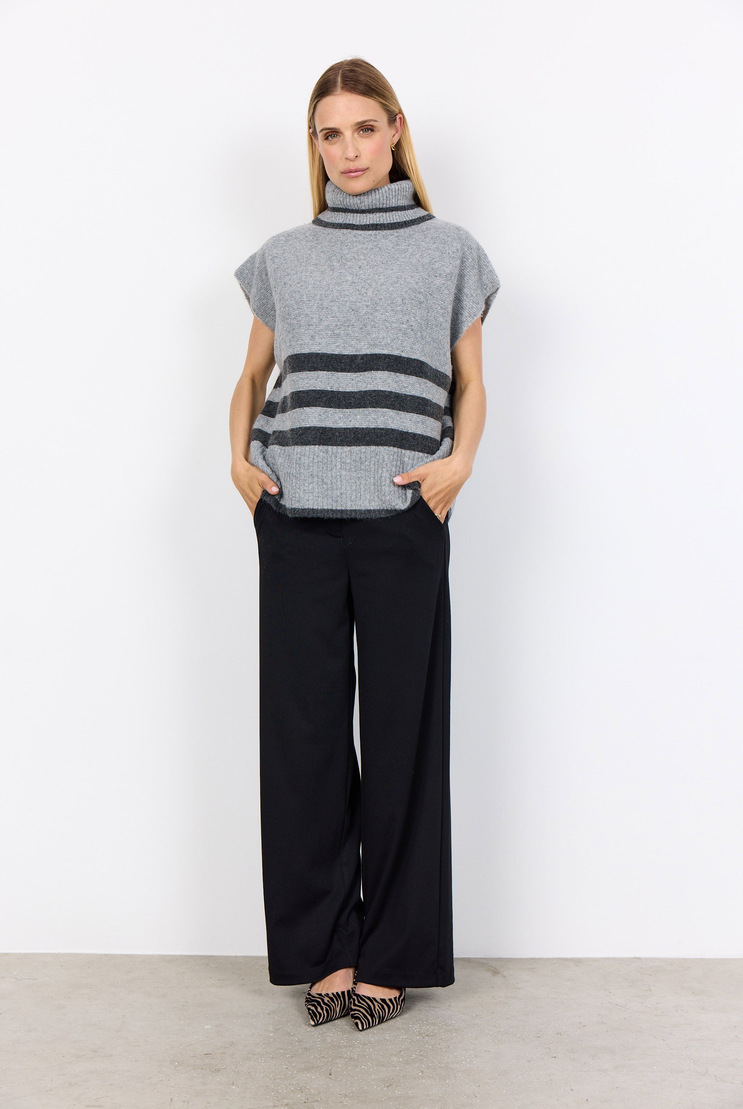 Soya Concept Vif Drop Shoulder Contrast Stripe Jumper - Mid Grey Melange Combi