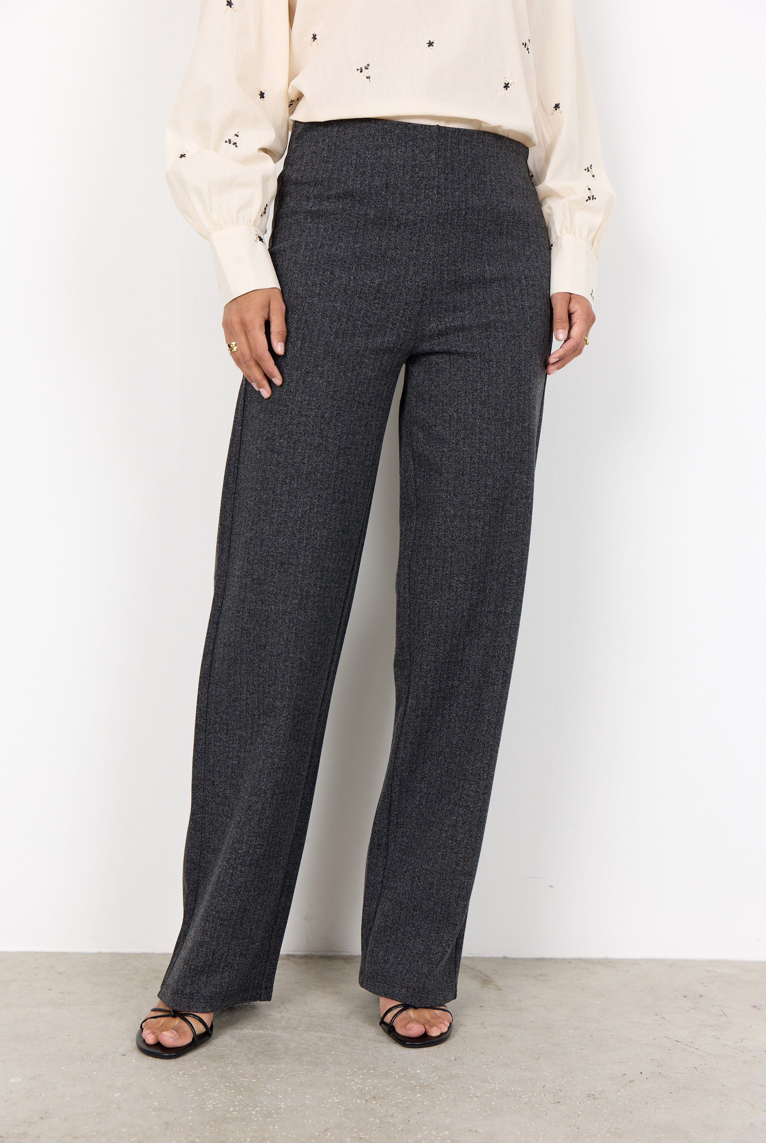 Soya Concept Vinja Warm Handle Straight Leg Trousers - Dark Earth Melange Comb