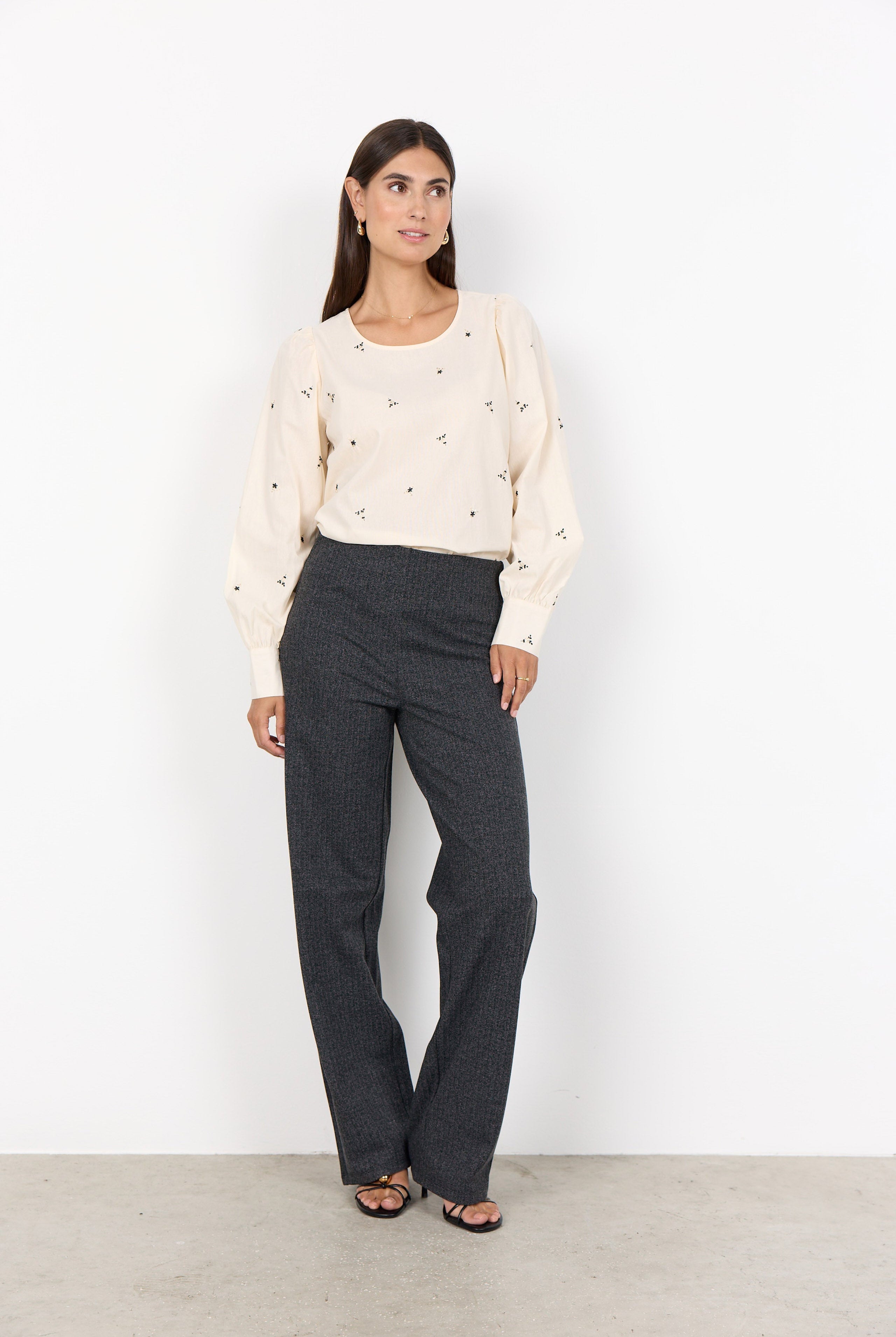 Soya Concept Vinja Warm Handle Straight Leg Trousers - Dark Earth Melange Comb