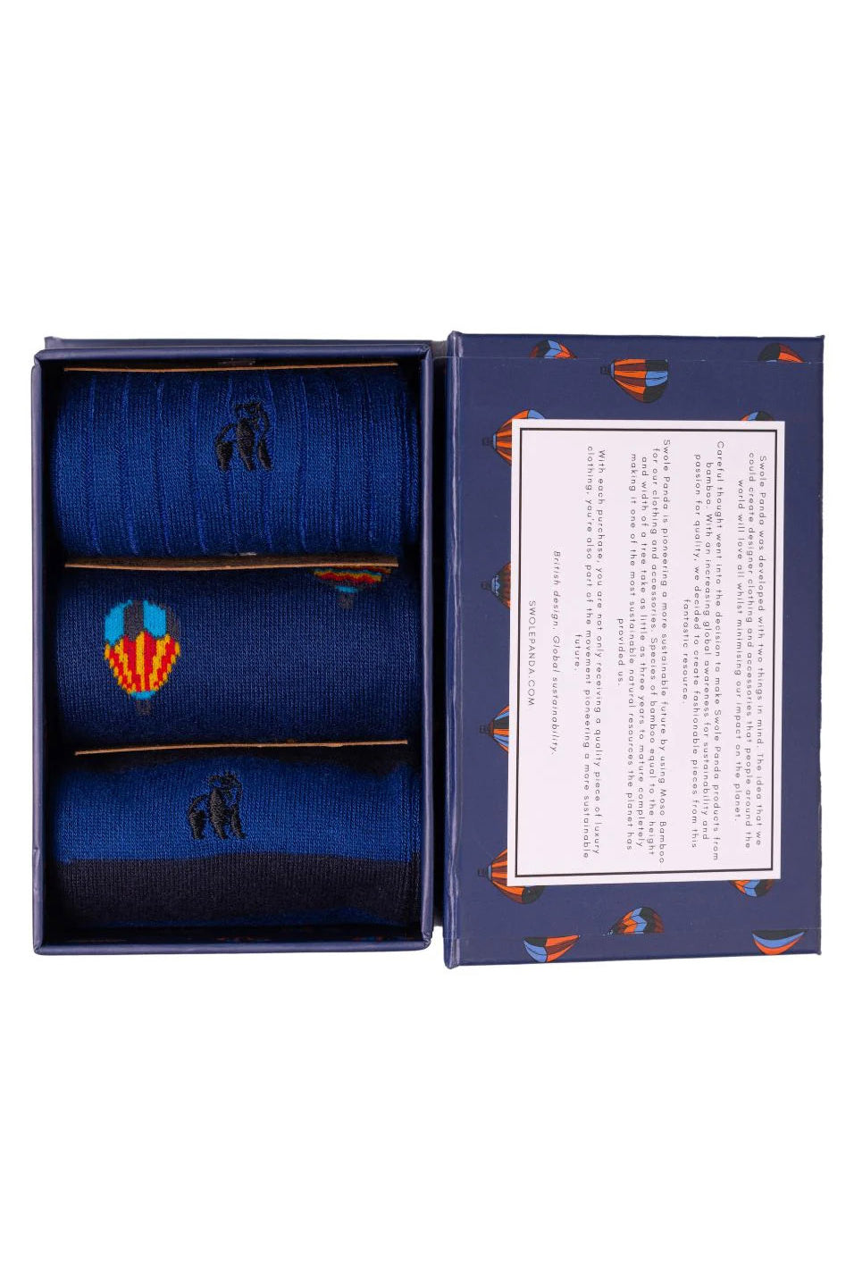 Swole Panda Hot Air Balloon Box of 3 Bamboo Socks - Blue SP028-3_20_7-11