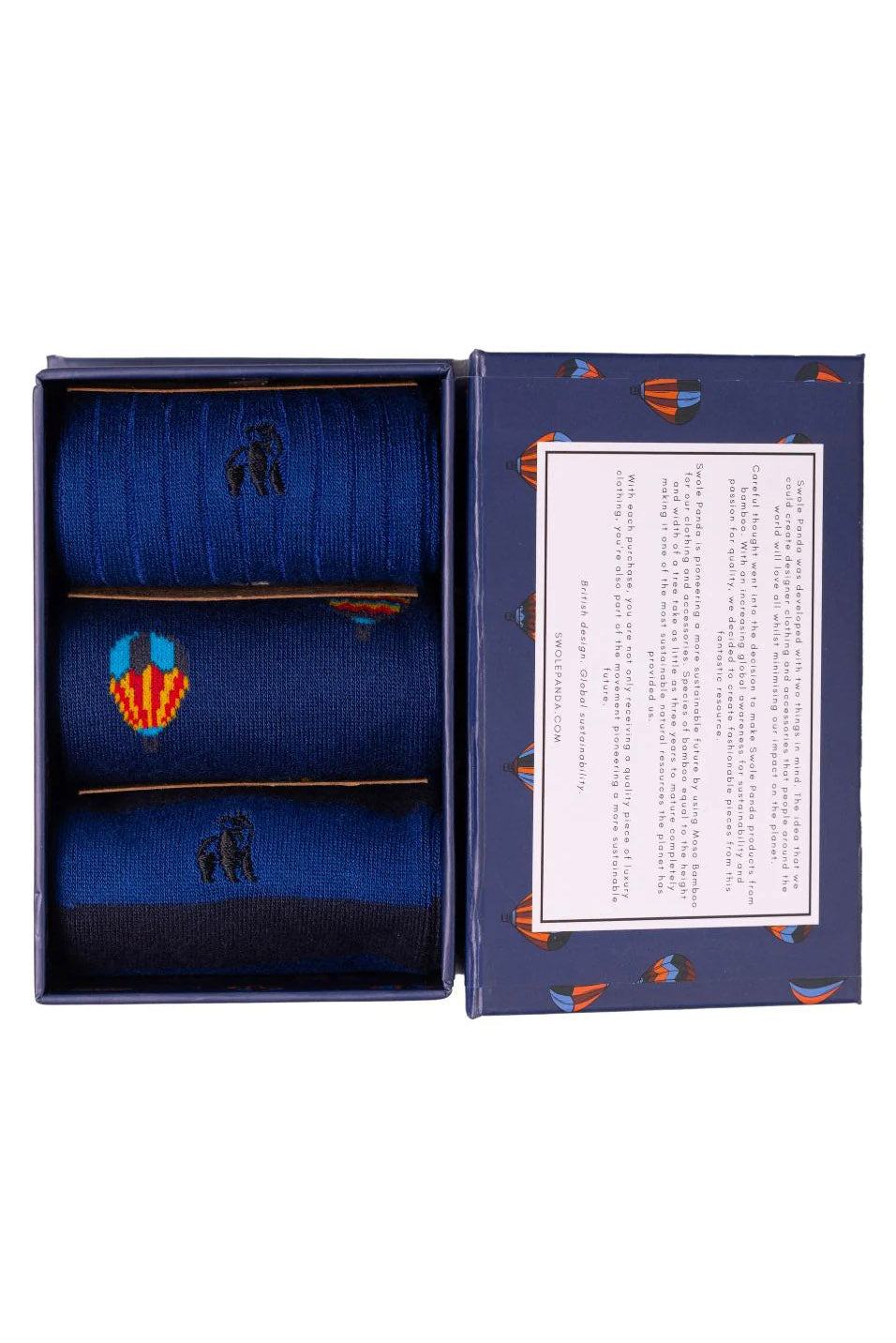 Swole Panda Hot Air Balloon Box of 3 Bamboo Socks - Blue SP028-3_20_7-11