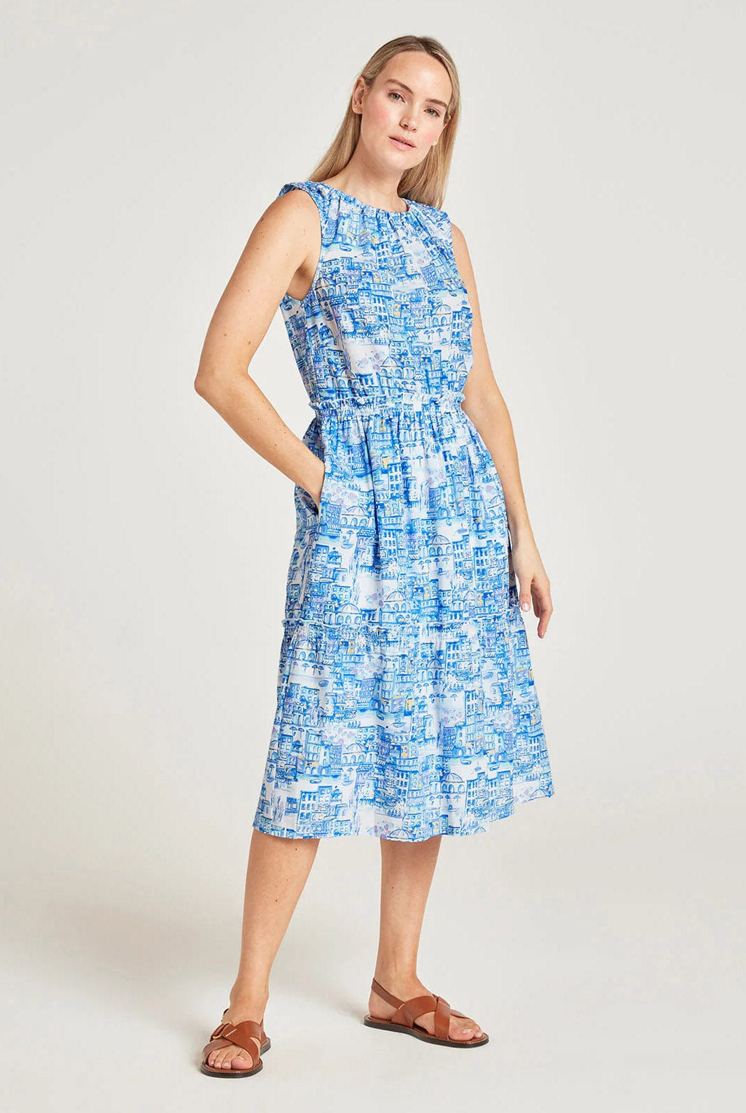 Thought Imogen Organic Cotton Toile De Jouy Dress - Azure Blue
