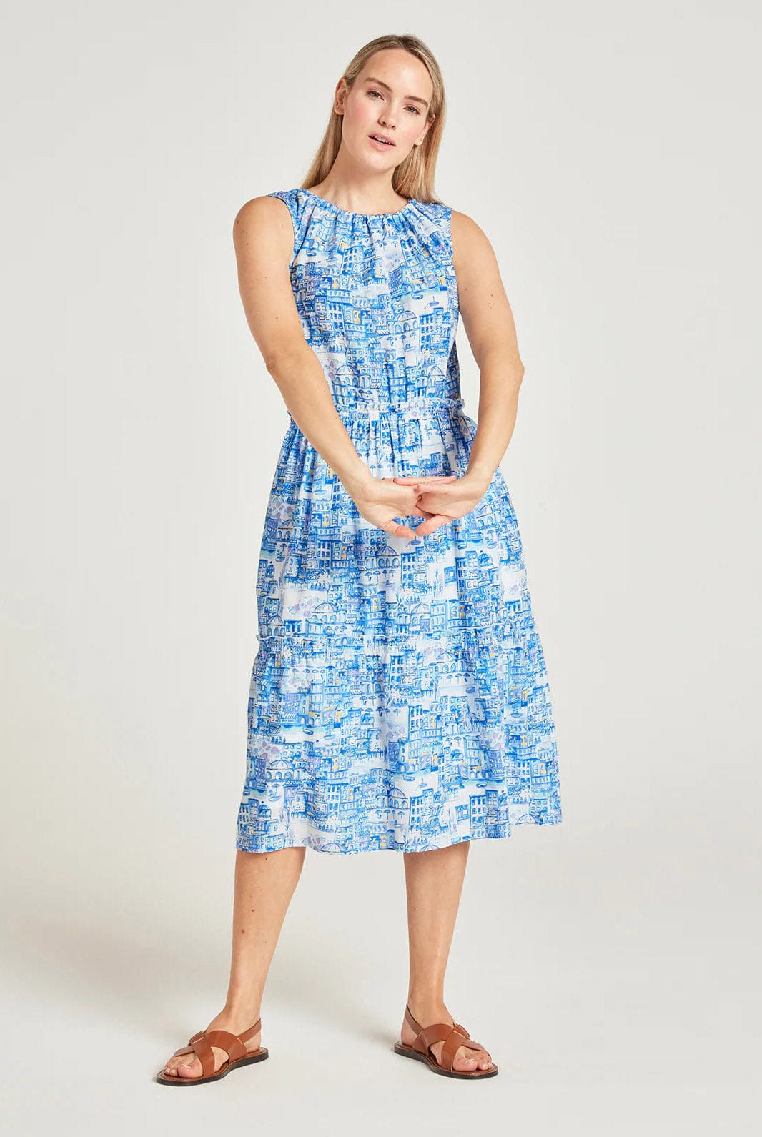 Thought Imogen Organic Cotton Toile De Jouy Dress - Azure Blue