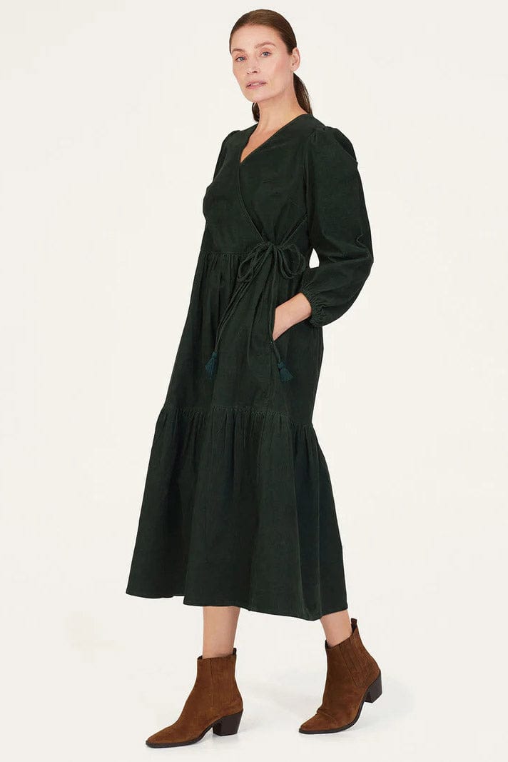 Thought Milou Organic Cotton Corduroy Wrap Dress - Forest Green