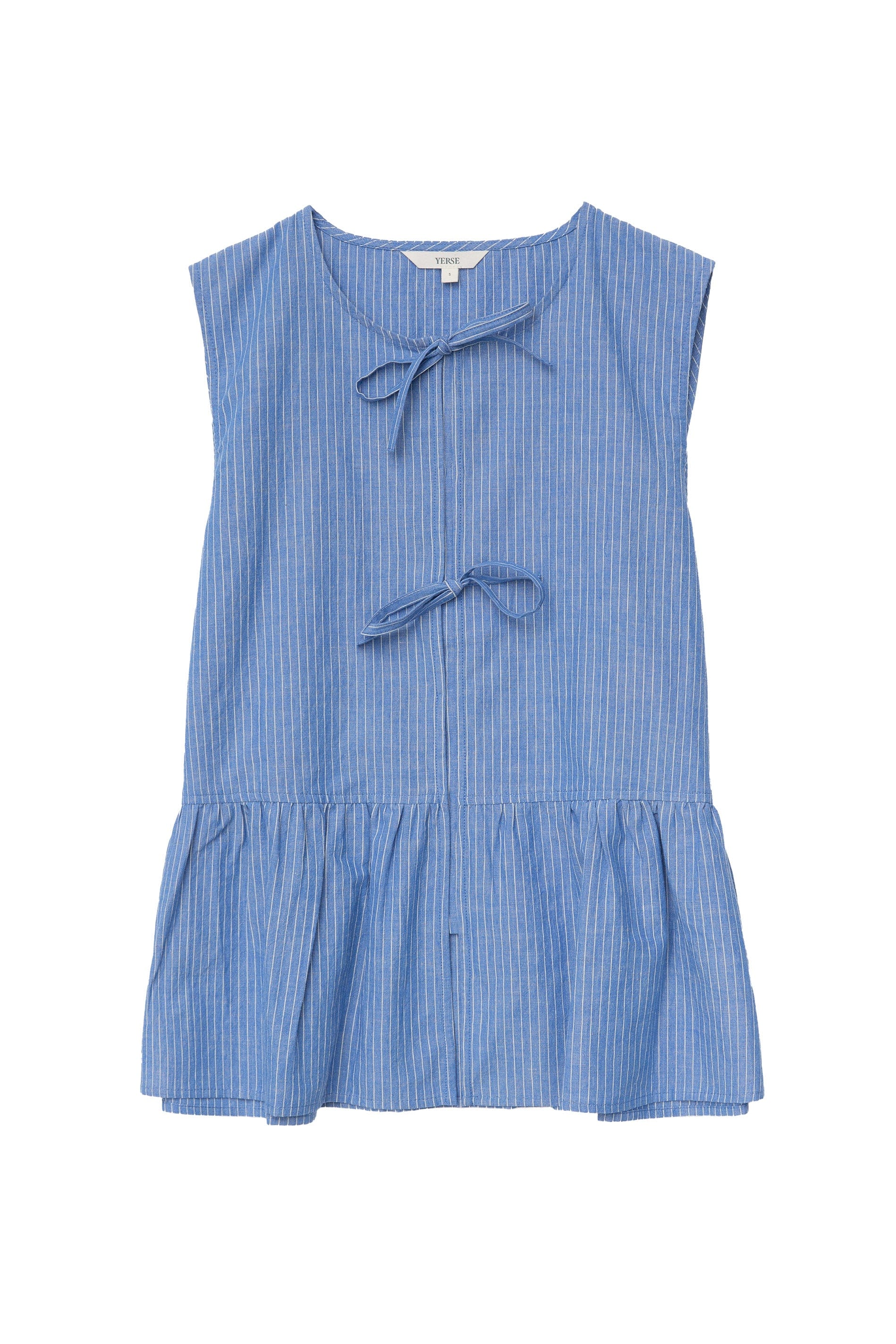 Yerse Ava Cotton/Linen Pinstripe Peplum Top - Blue Stripes