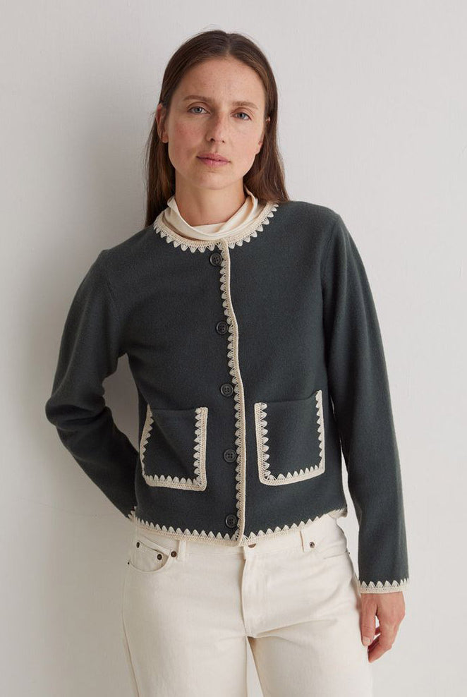 Yerse Boiled Wool Trim Detail Cardigan - Forest Grey