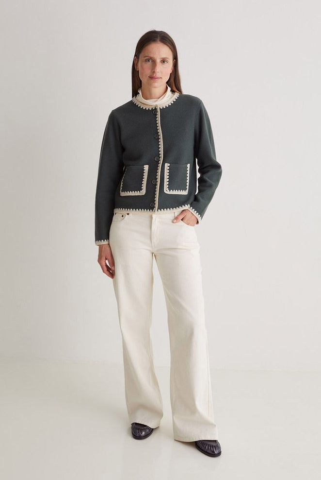 Yerse Boiled Wool Trim Detail Cardigan - Forest Grey