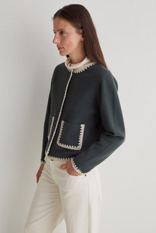 Yerse Boiled Wool Trim Detail Cardigan - Forest Grey