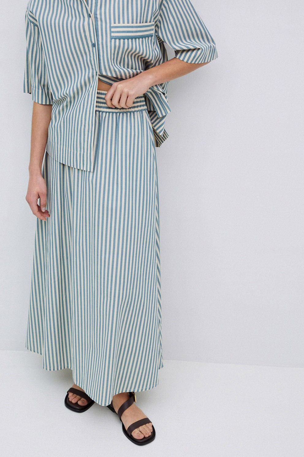 Yerse Bubble Cotton Stripe Midi Skirt - Green