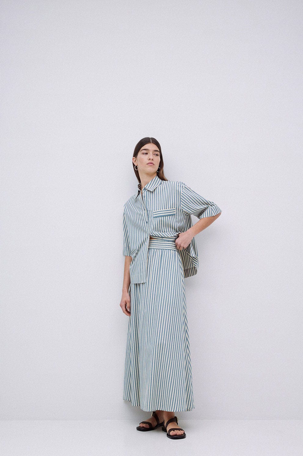 Yerse Bubble Cotton Stripe Midi Skirt - Green