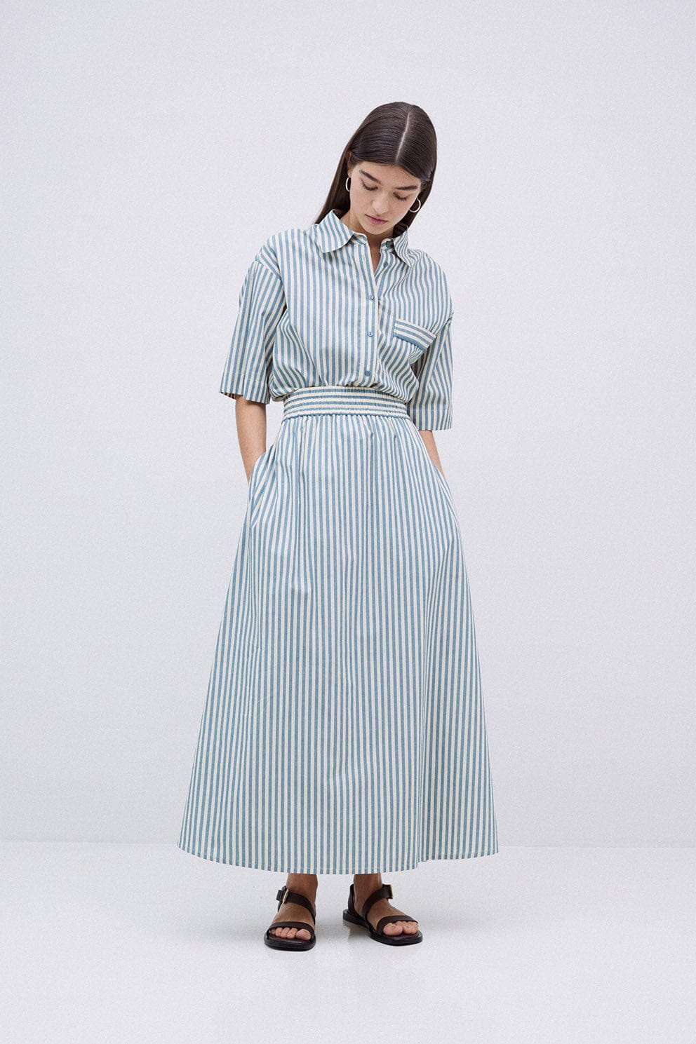 Yerse Bubble Cotton Stripe Midi Skirt - Green