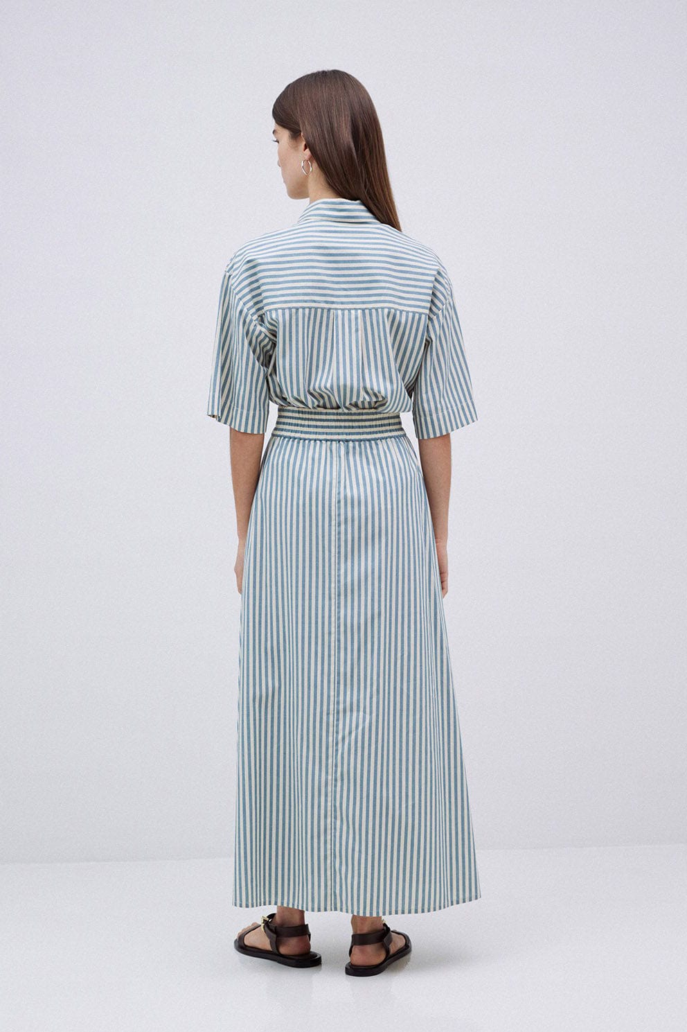 Yerse Bubble Cotton Stripe Midi Skirt - Green