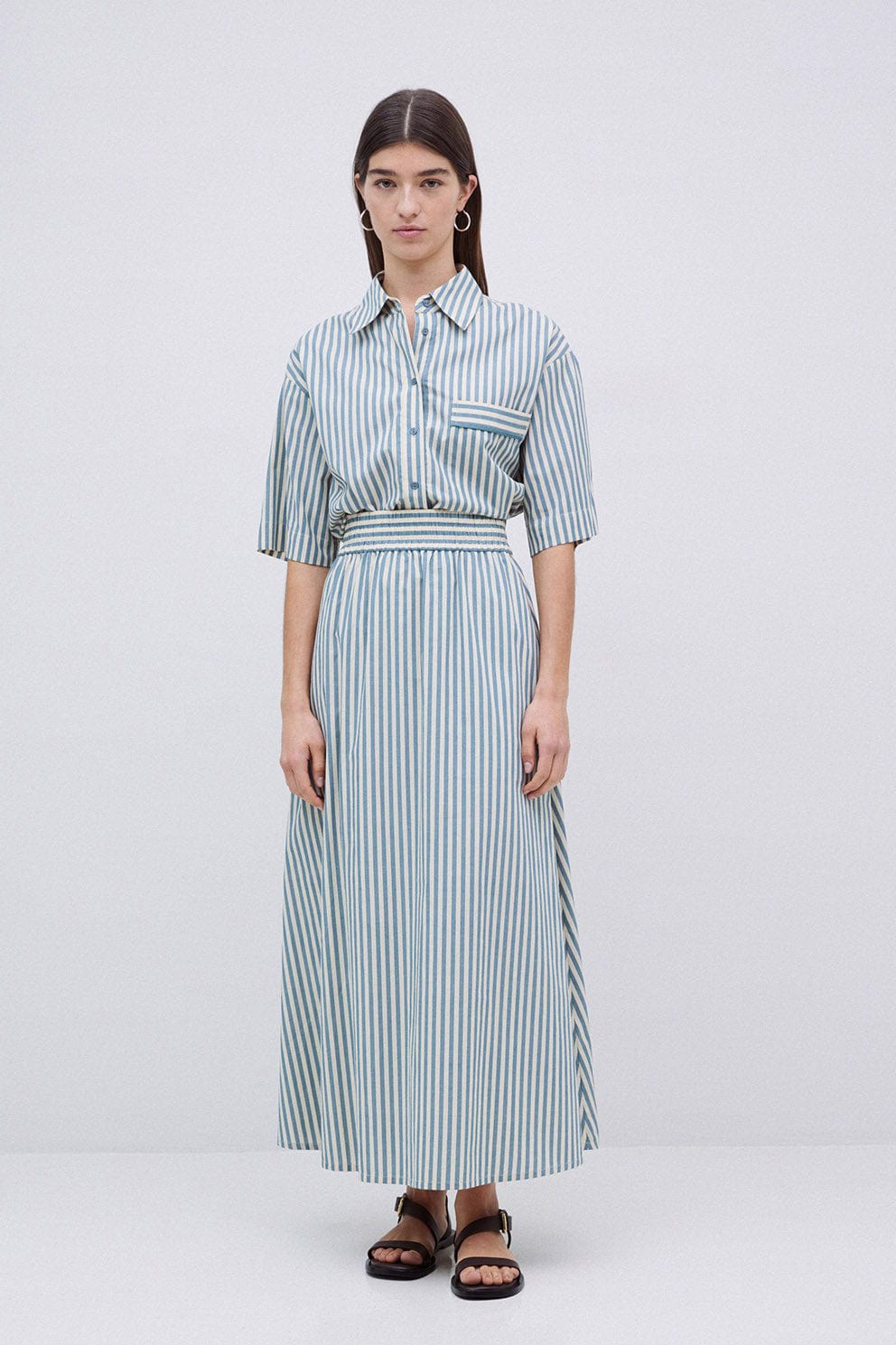 Yerse Bubble Cotton Stripe Midi Skirt - Green