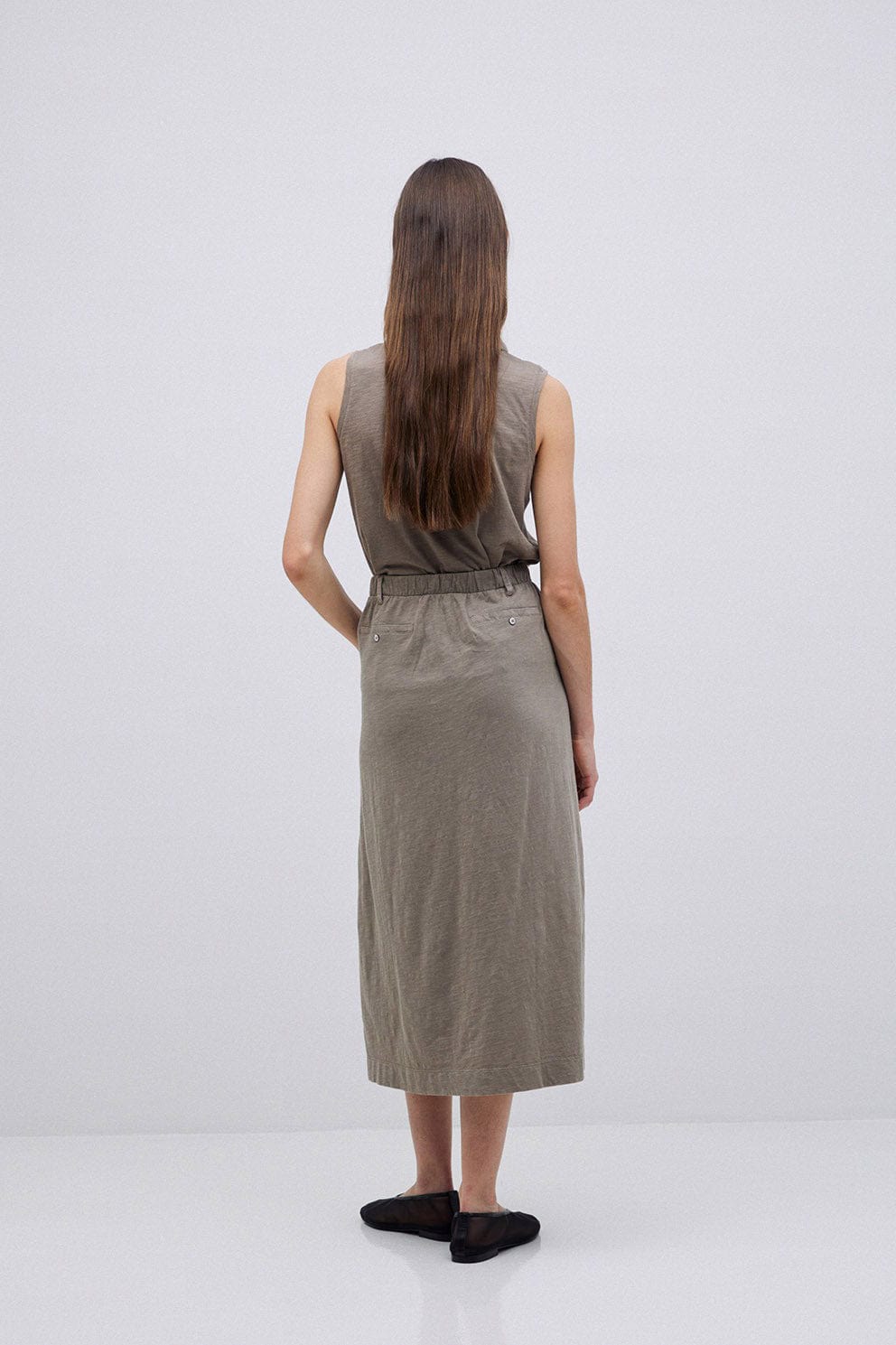 Yerse Claudie Cotton/Linen Midi Skirt - Kaki