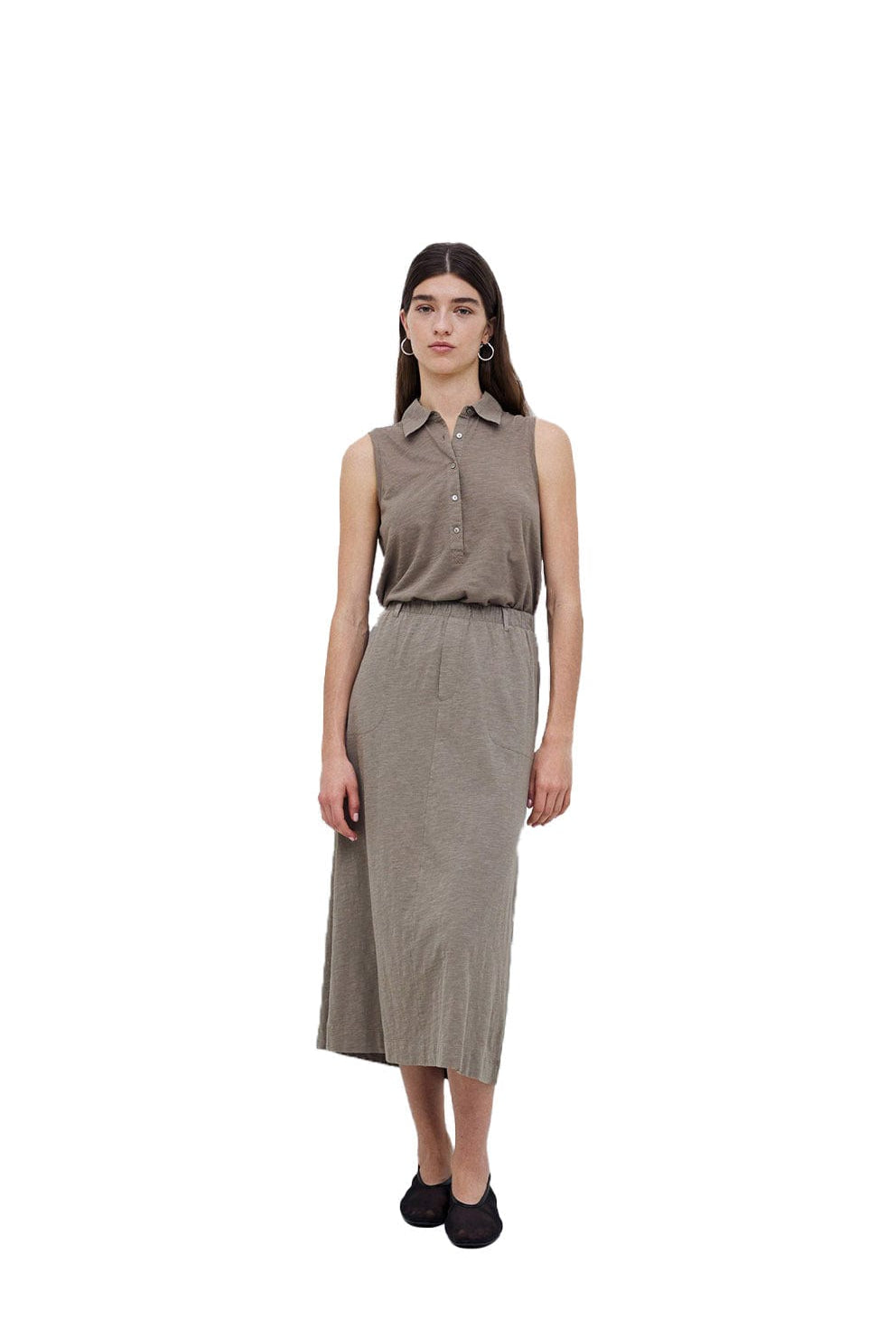 Yerse Claudie Cotton/Linen Midi Skirt - Kaki