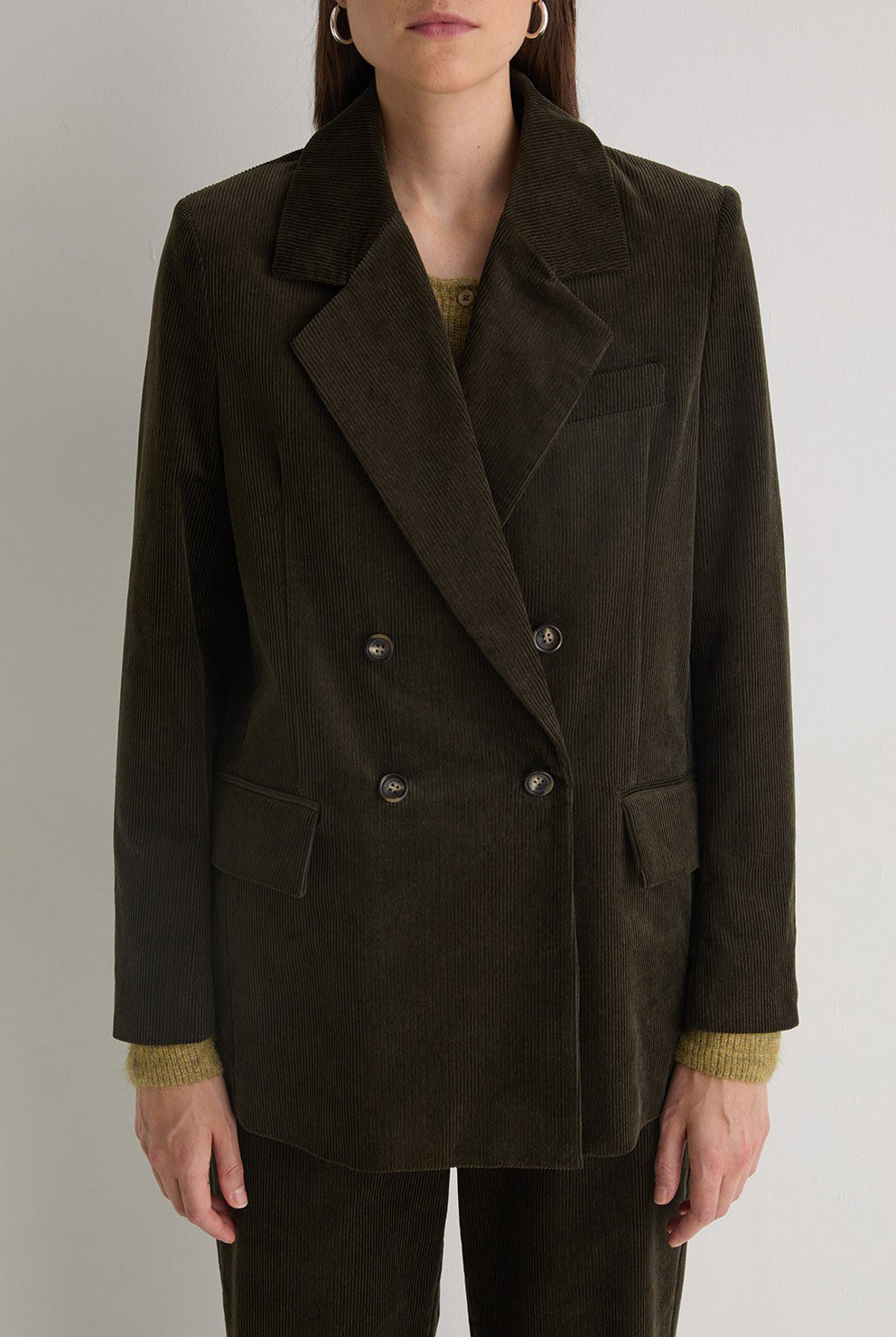 Yerse Cord Double-Breasted Straight Blazer - Olive