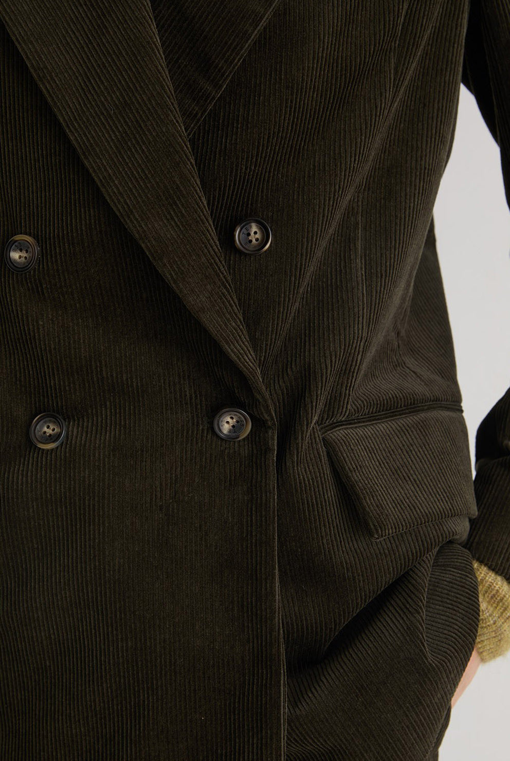 Yerse Cord Double-Breasted Straight Blazer - Olive