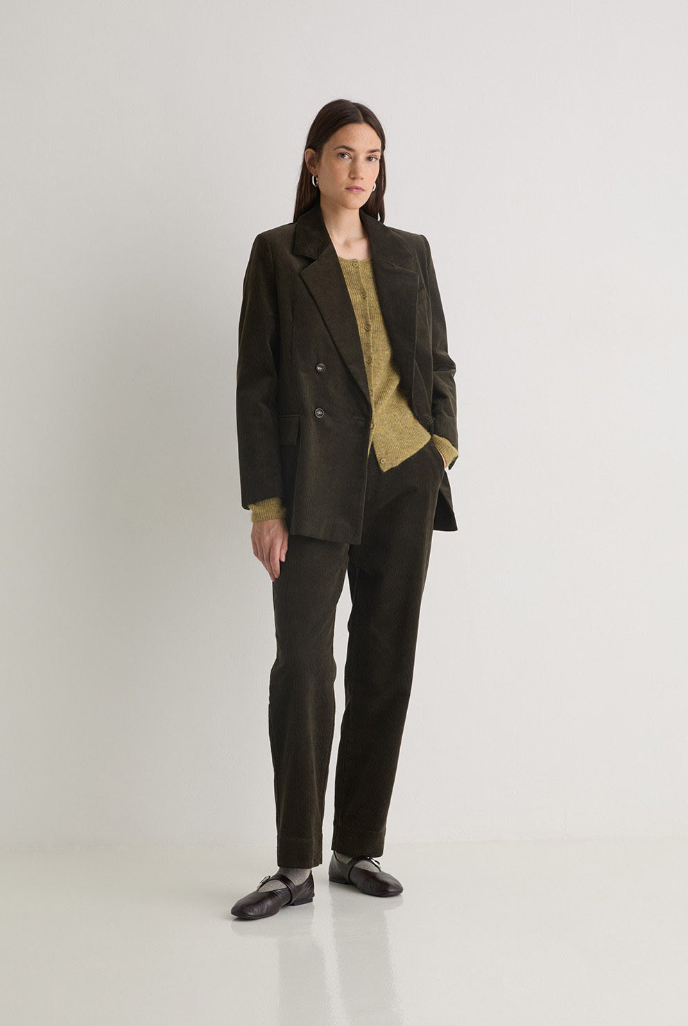 Yerse Cord Double-Breasted Straight Blazer - Olive