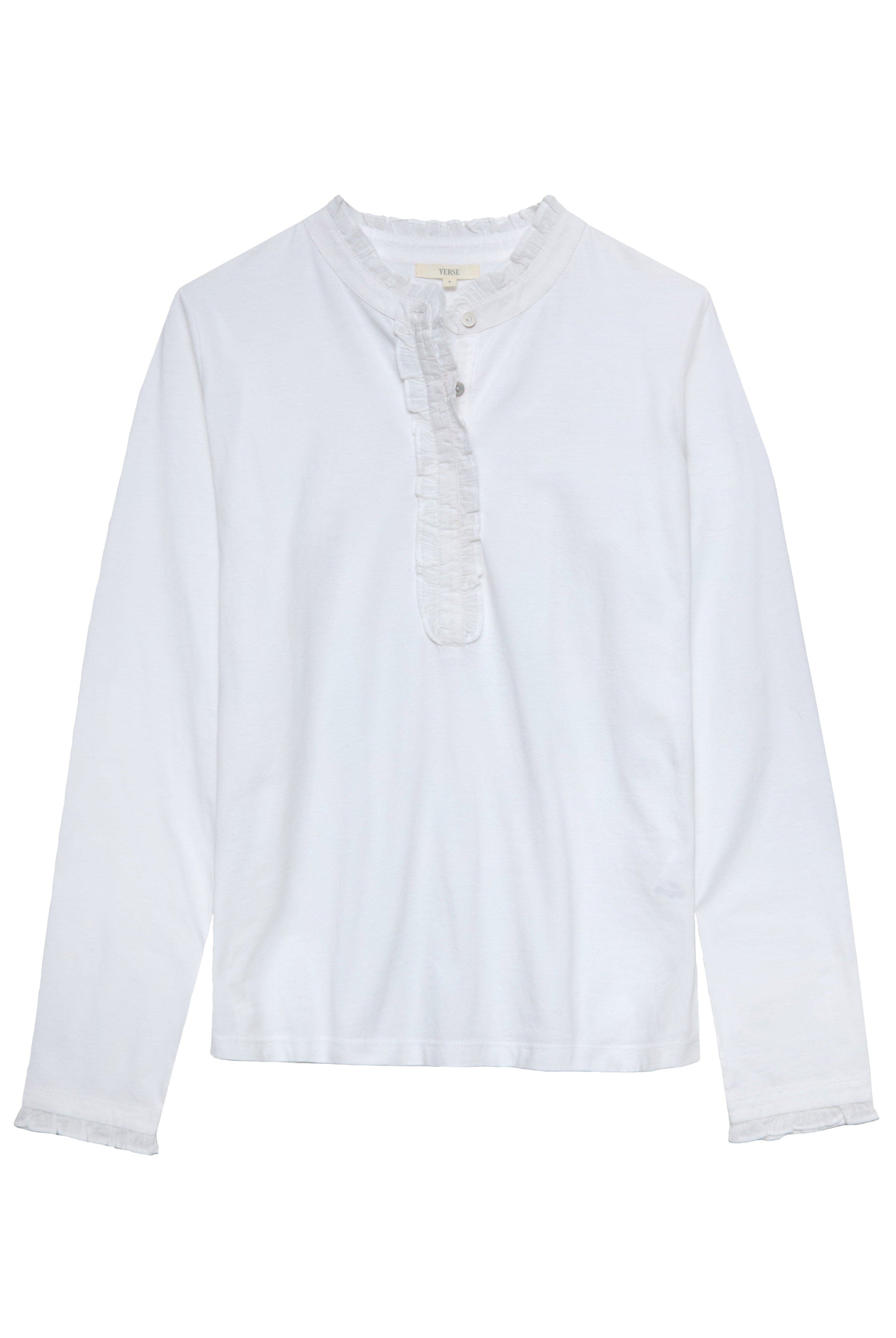 Yerse Cotton Jersey Top with Ruffles - White