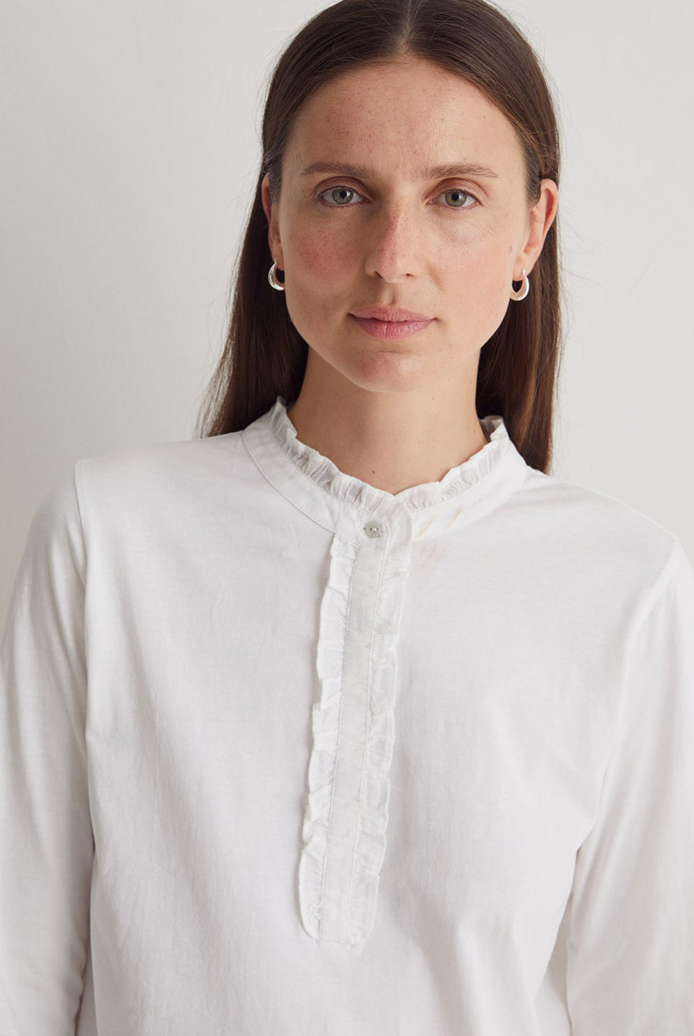 Yerse Cotton Jersey Top with Ruffles - White