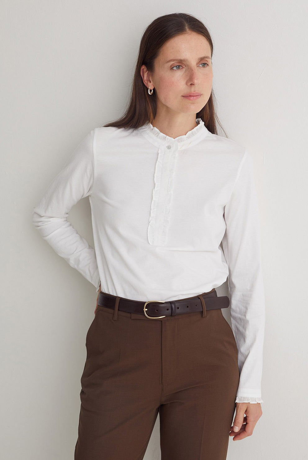 Yerse Cotton Jersey Top with Ruffles - White