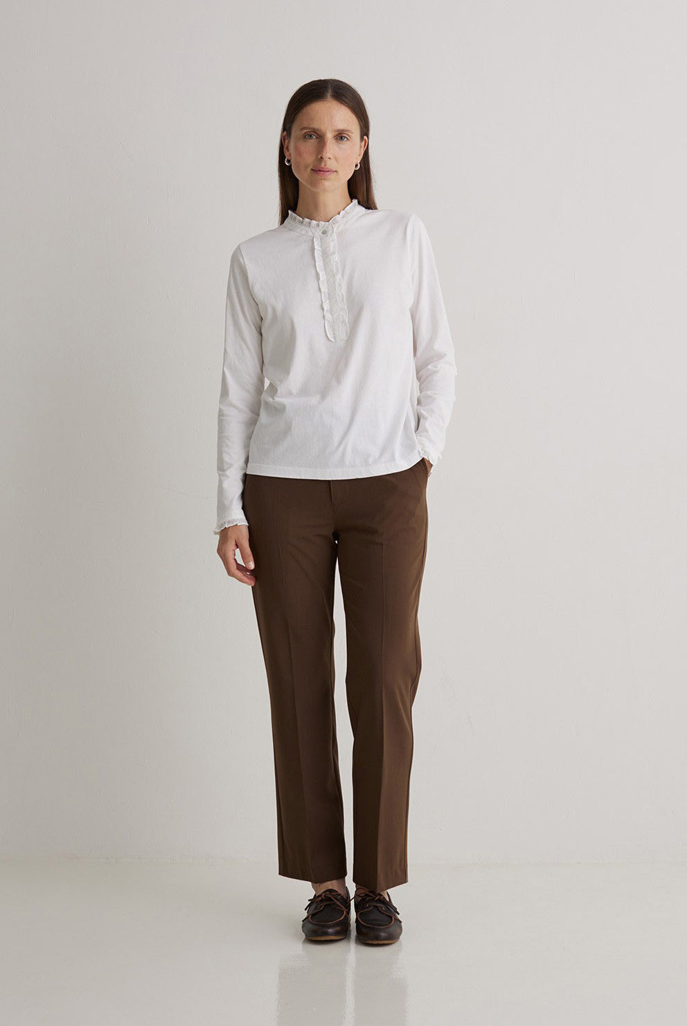 Yerse Cotton Jersey Top with Ruffles - White