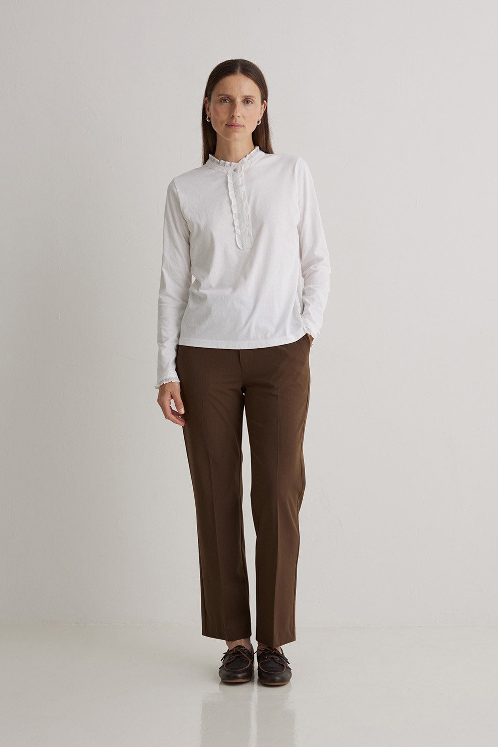 Yerse Cotton Jersey Top with Ruffles - White