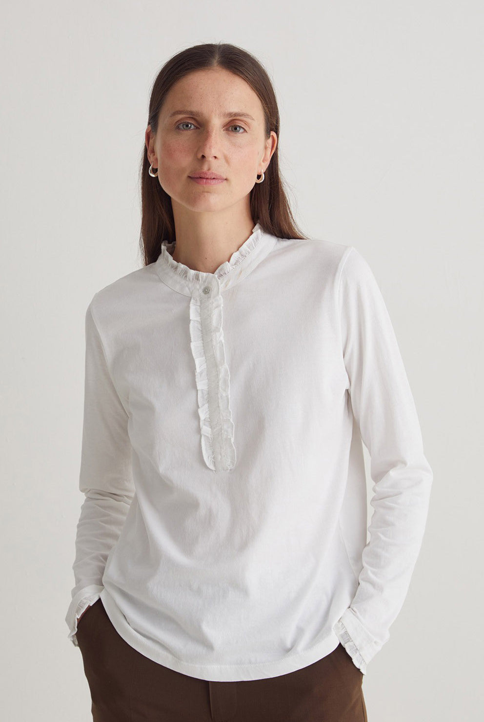 Yerse Cotton Jersey Top with Ruffles - White