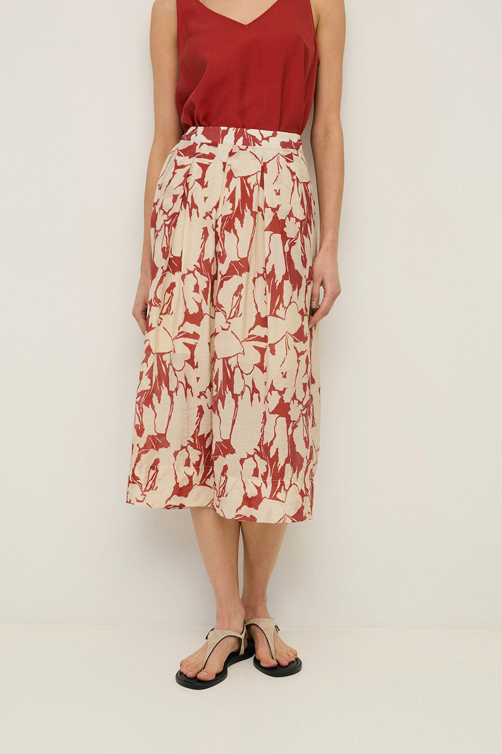 Yerse Floral Printed Midi Skirt - Dark Red