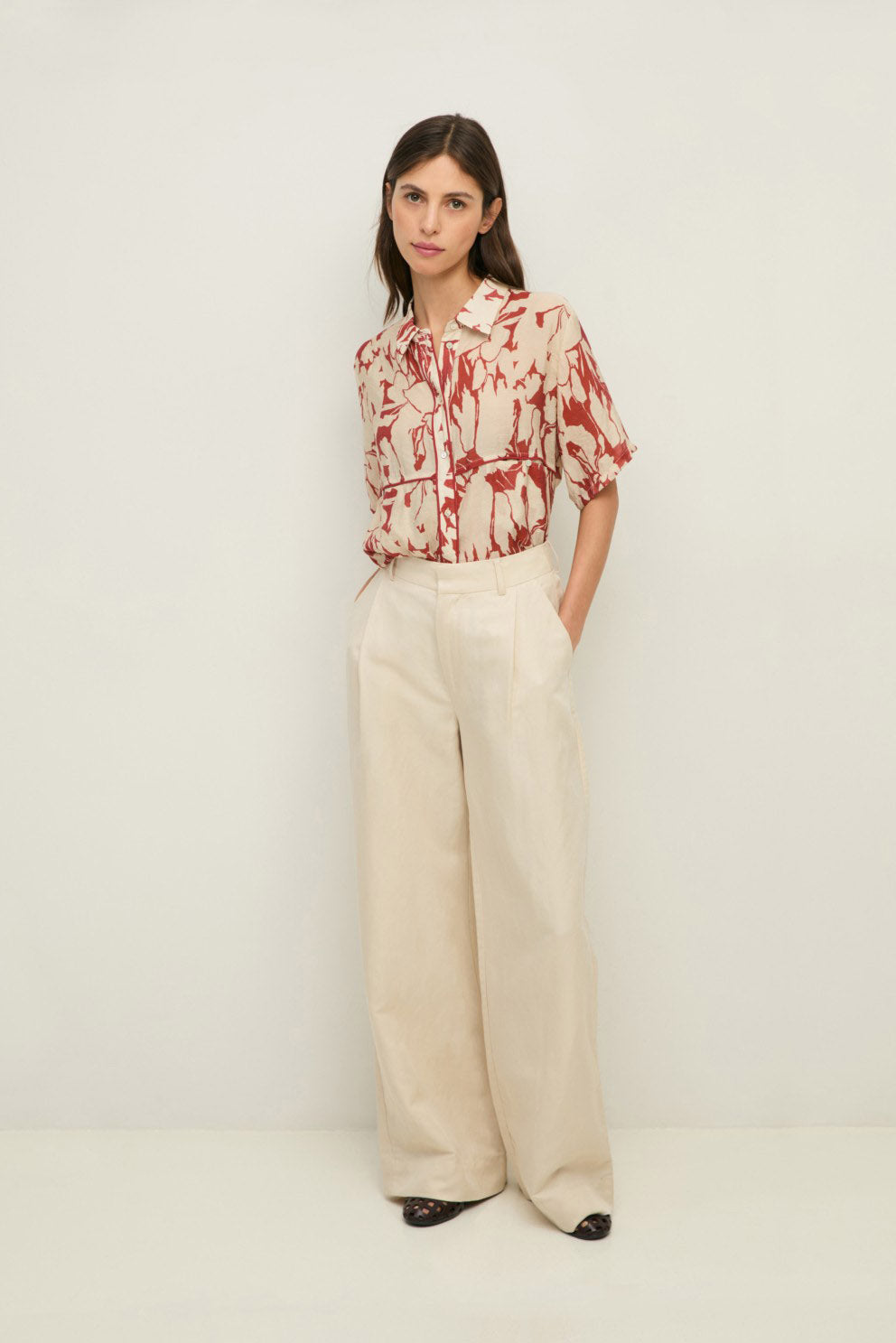 Yerse Floral Tie Waist Shirt - Dark Red