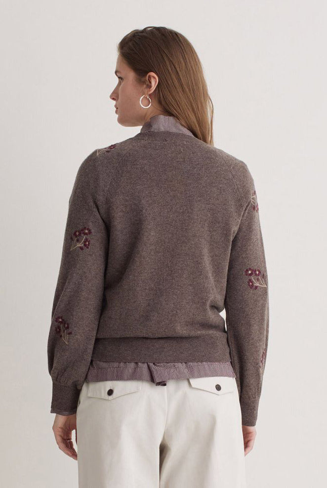 Yerse Flower Embroidered Wool Blend Jumper - Stone/Maroon