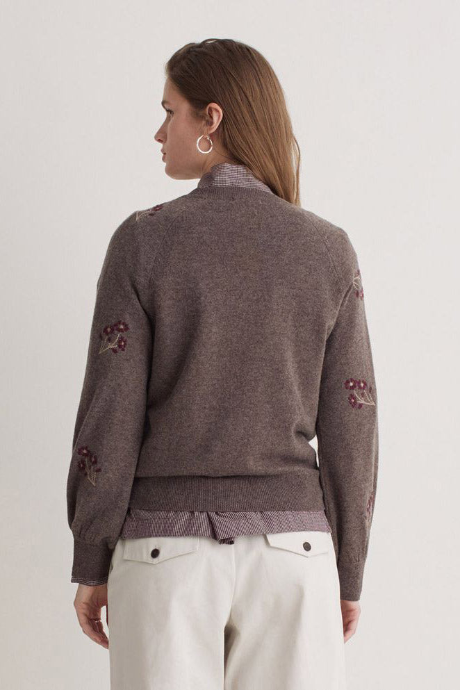 Yerse Flower Embroidered Wool Blend Jumper - Stone/Maroon
