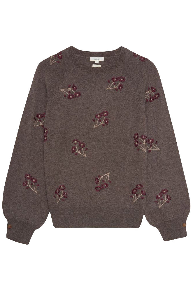 Yerse Flower Embroidered Wool Blend Jumper - Stone/Maroon