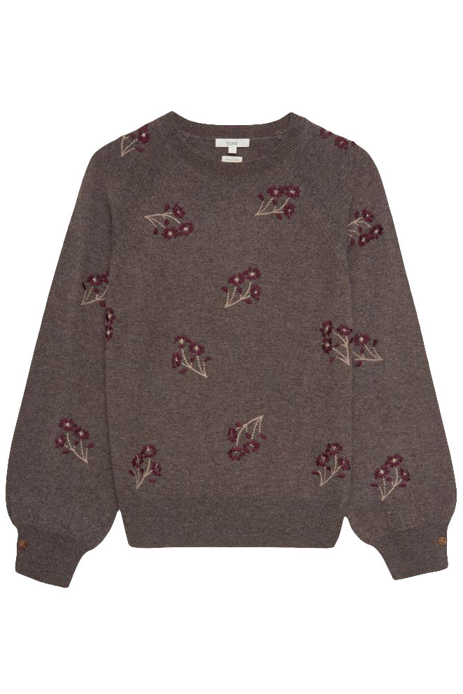 Yerse Flower Embroidered Wool Blend Jumper - Stone/Maroon