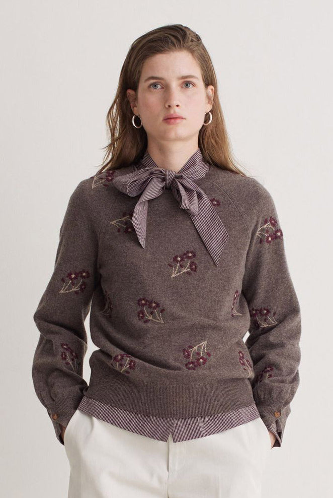 Yerse Flower Embroidered Wool Blend Jumper - Stone/Maroon