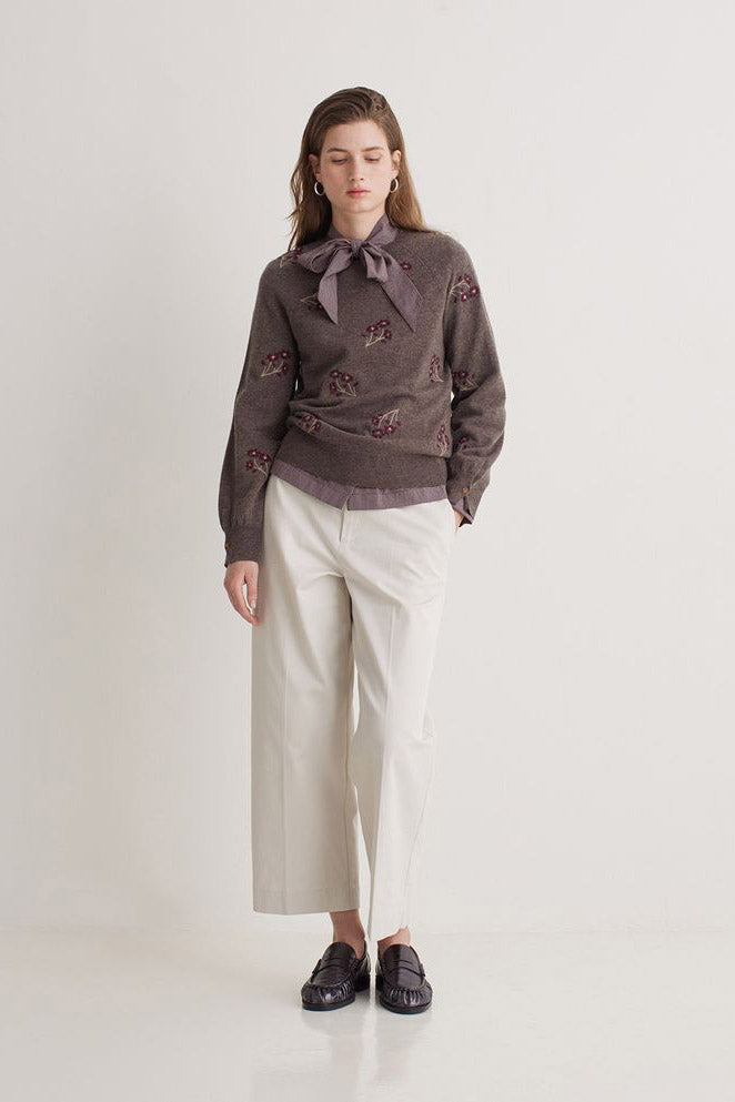 Yerse Flower Embroidered Wool Blend Jumper - Stone/Maroon