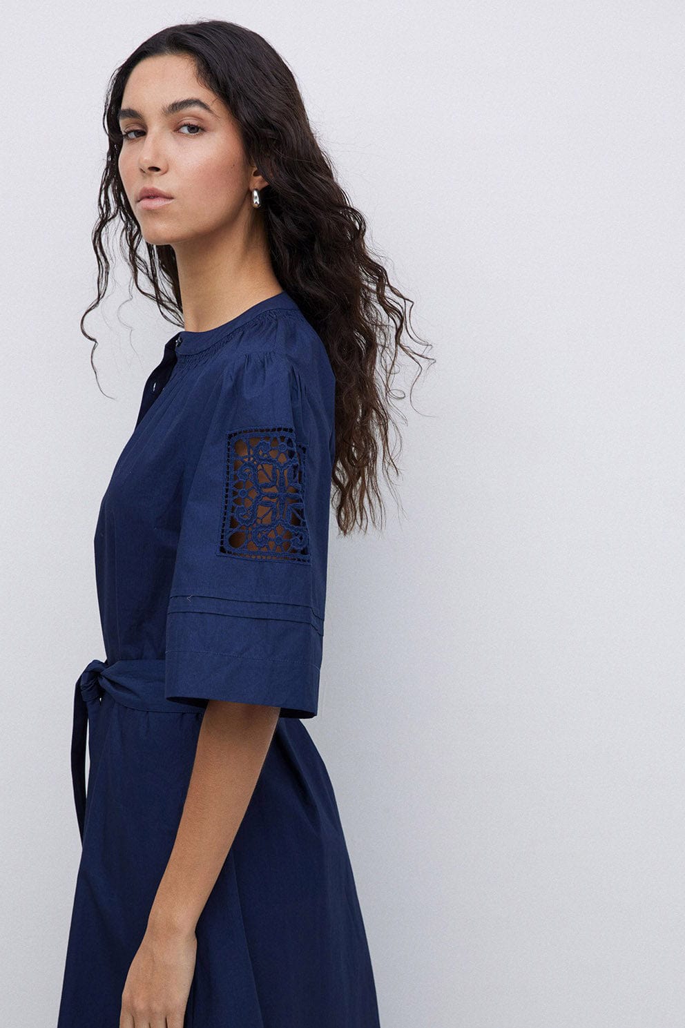 Yerse Hanoi Cotton Broderie Anglaise Detail Dress - Navy