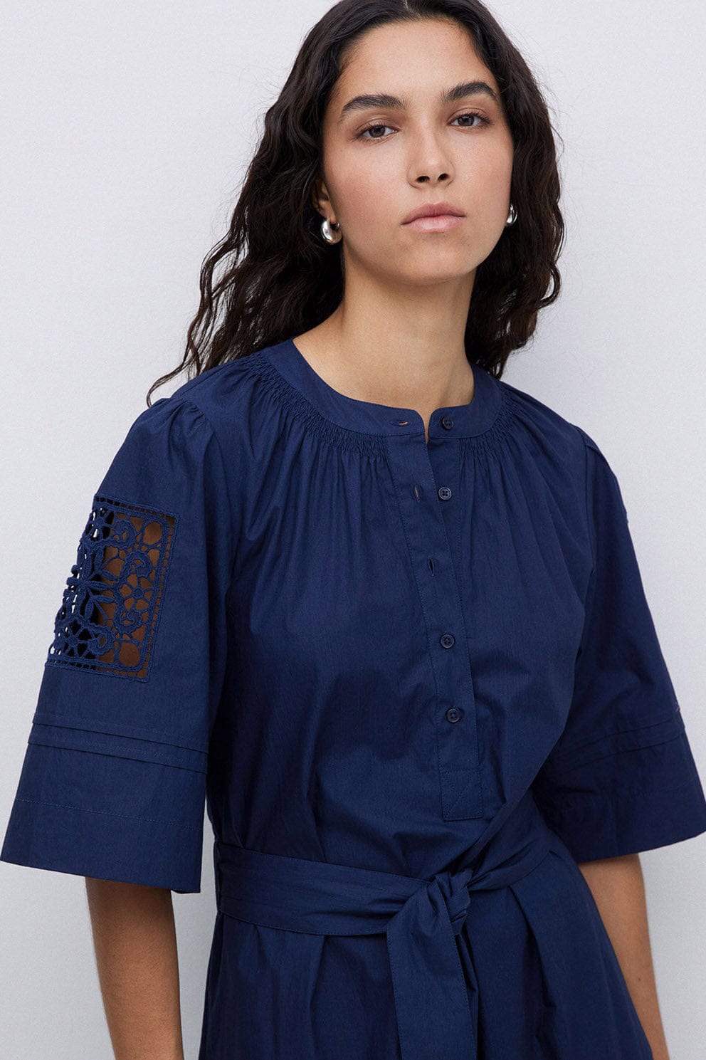 Yerse Hanoi Cotton Broderie Anglaise Detail Dress - Navy