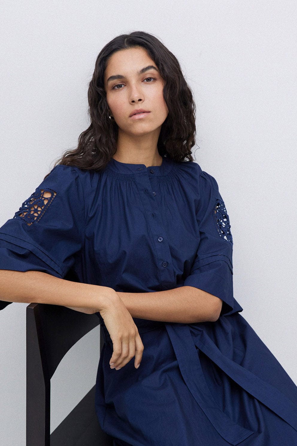 Yerse Hanoi Cotton Broderie Anglaise Detail Dress - Navy