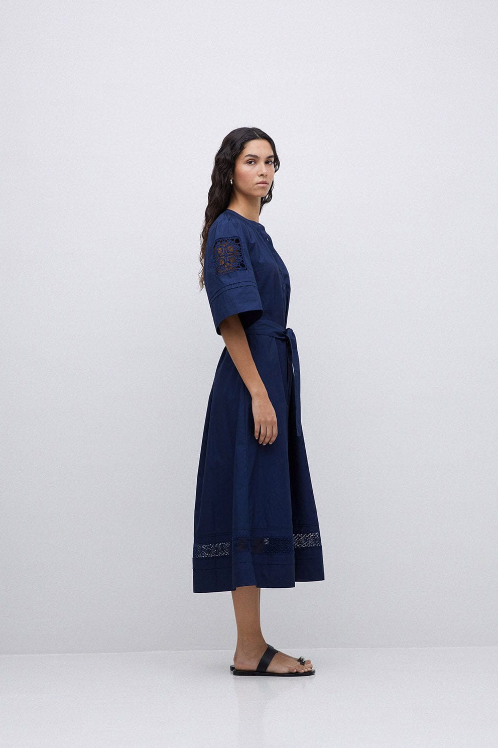 Yerse Hanoi Cotton Broderie Anglaise Detail Dress - Navy