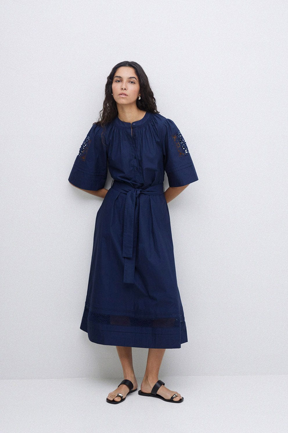 Yerse Hanoi Cotton Broderie Anglaise Detail Dress - Navy