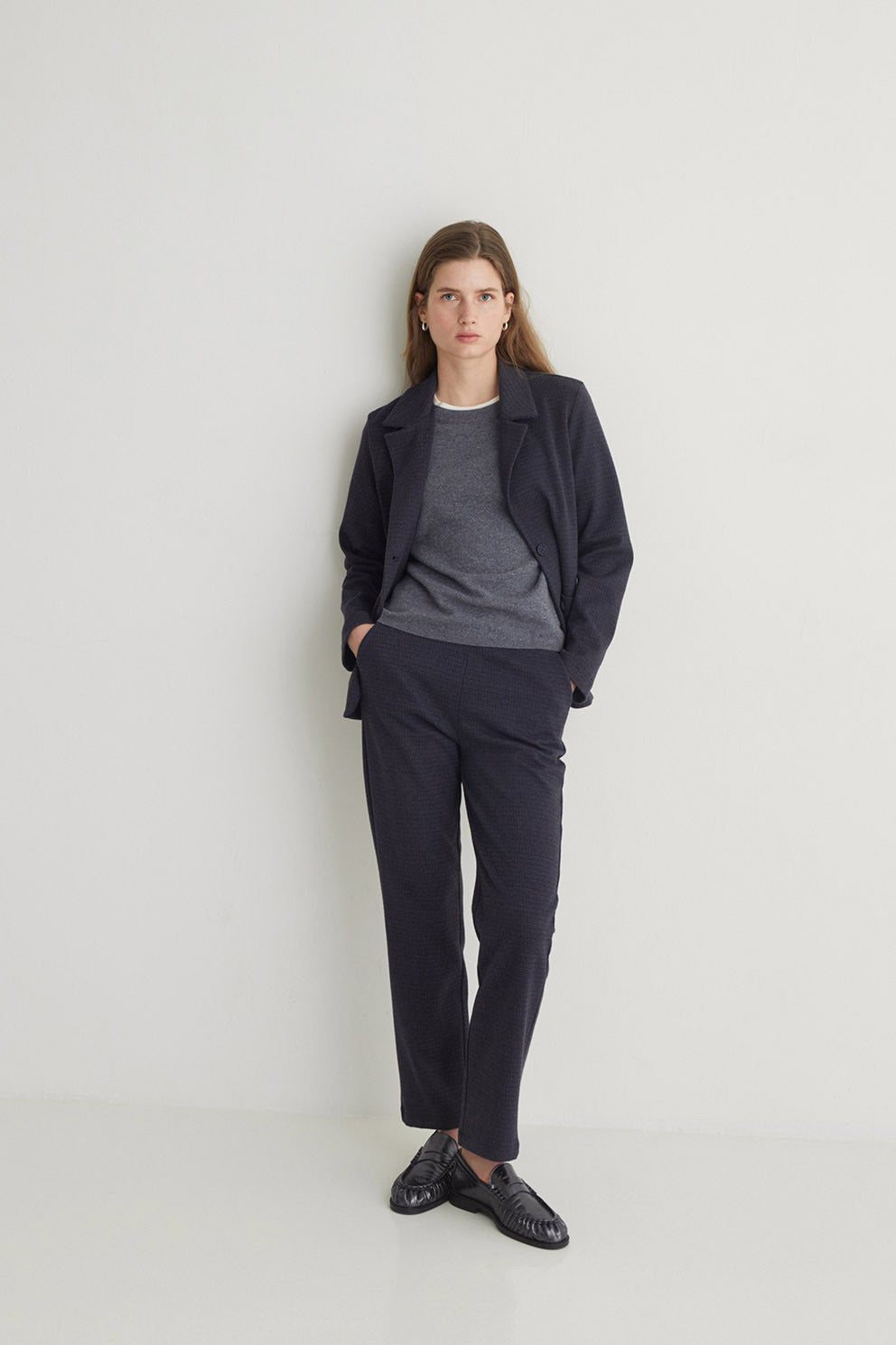 Yerse Jacquard Check Straight Trousers - Navy/Brown