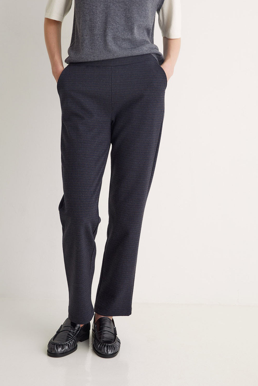 Yerse Jacquard Check Straight Trousers - Navy/Brown