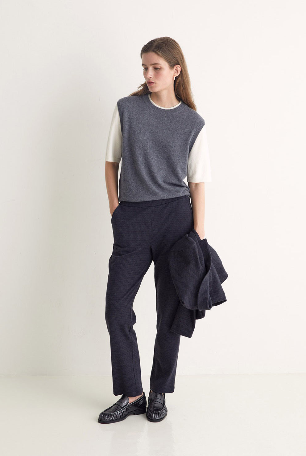 Yerse Jacquard Check Straight Trousers - Navy/Brown