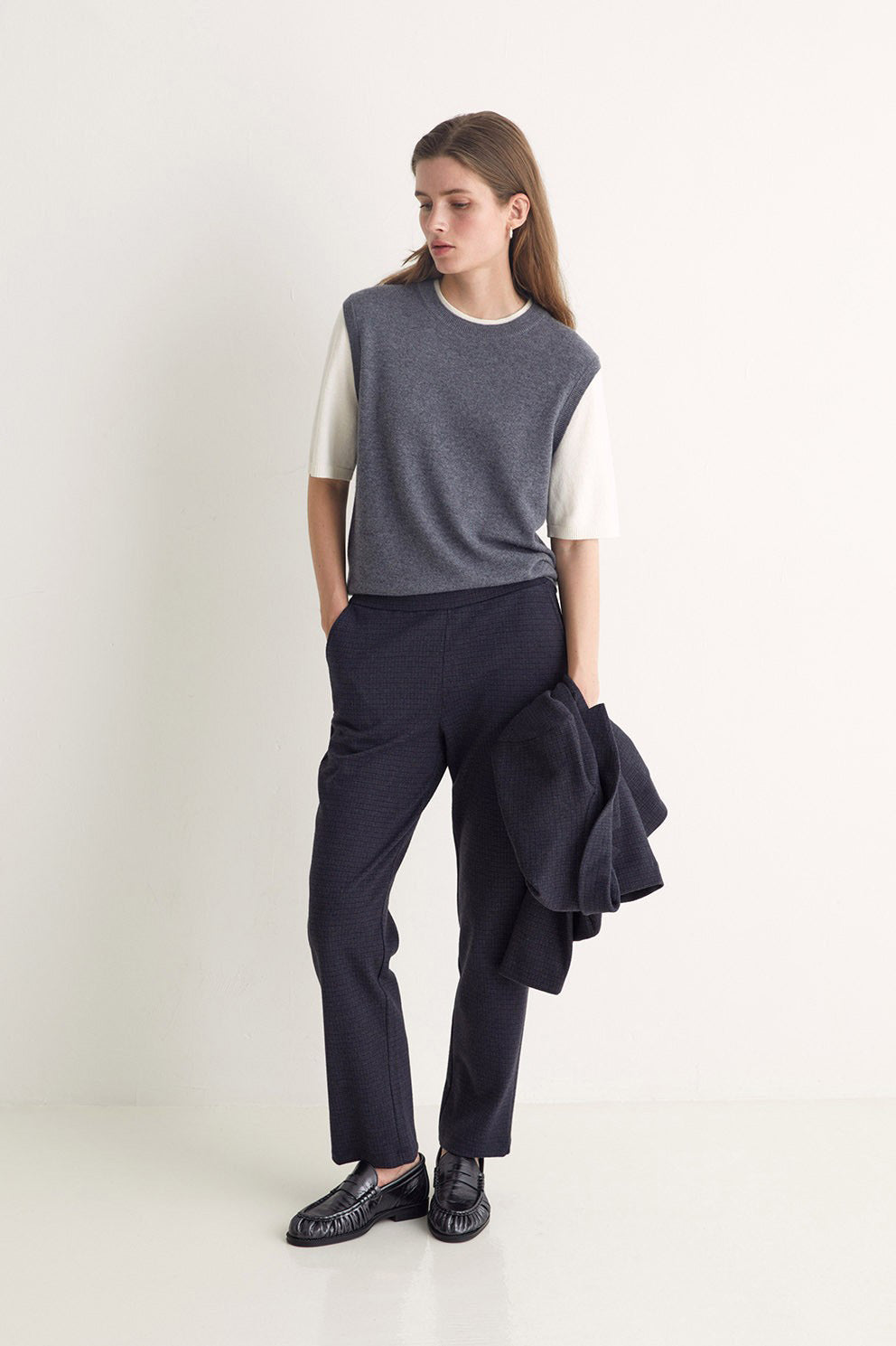 Yerse Jacquard Check Straight Trousers - Navy/Brown